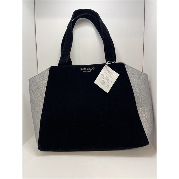 Jimmy Choo Tote Bag Black Velvet Silver Glitter Carry Overnight Velvet 15x5x12” - Picture 1 of 7